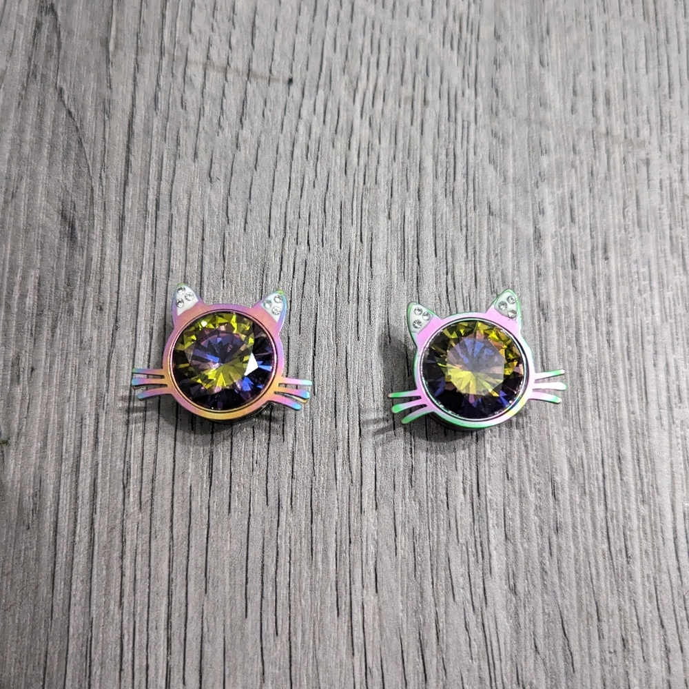 Hot Topic Cat Ear Tunnel Plugs 14mm Oil Slick Rainbow Gauges Rhinestone